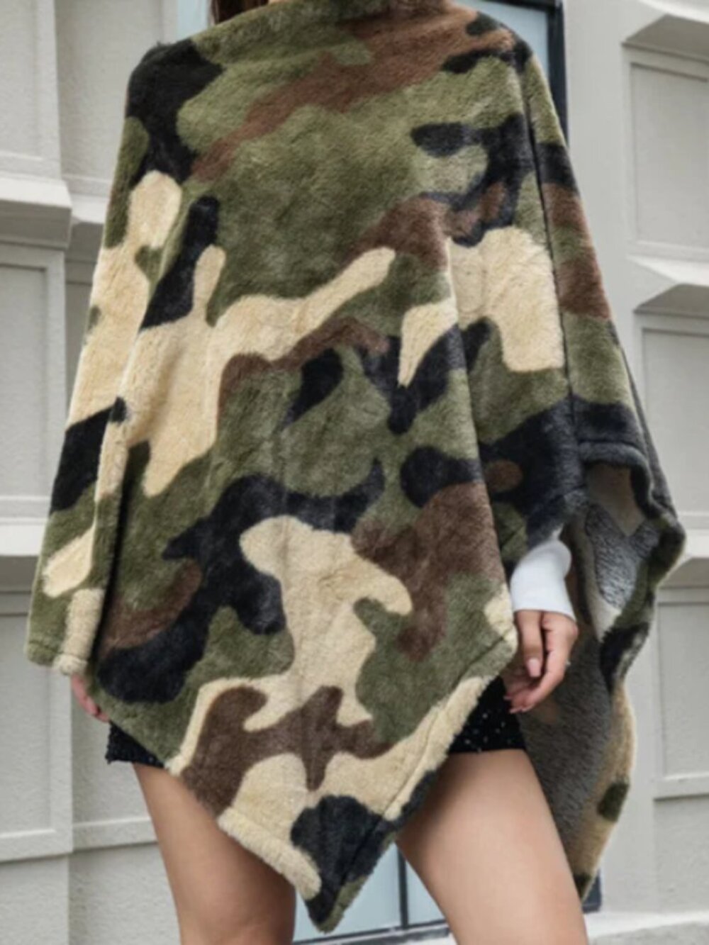 Camo Print Faux Fur Poncho